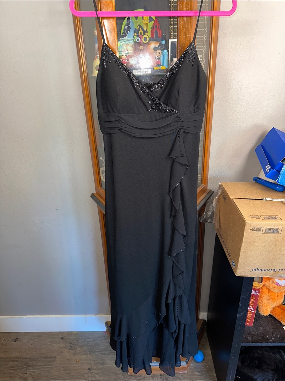 Delaru Black Beaded Strapless Evening Dress